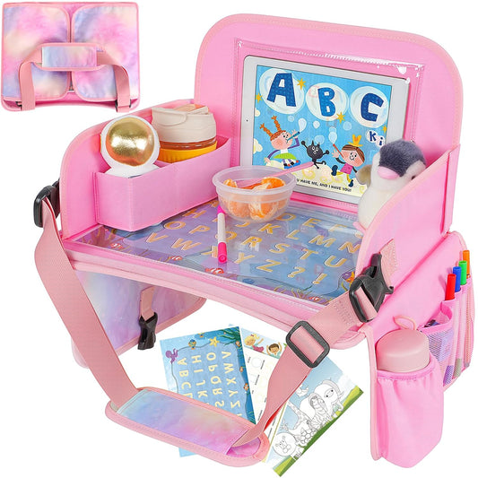 Kids Car Travel Tray Table with Drawing Board, Tablet & Cup Holder