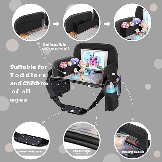 Kids Car Travel Tray Table with Drawing Board, Tablet & Cup Holder