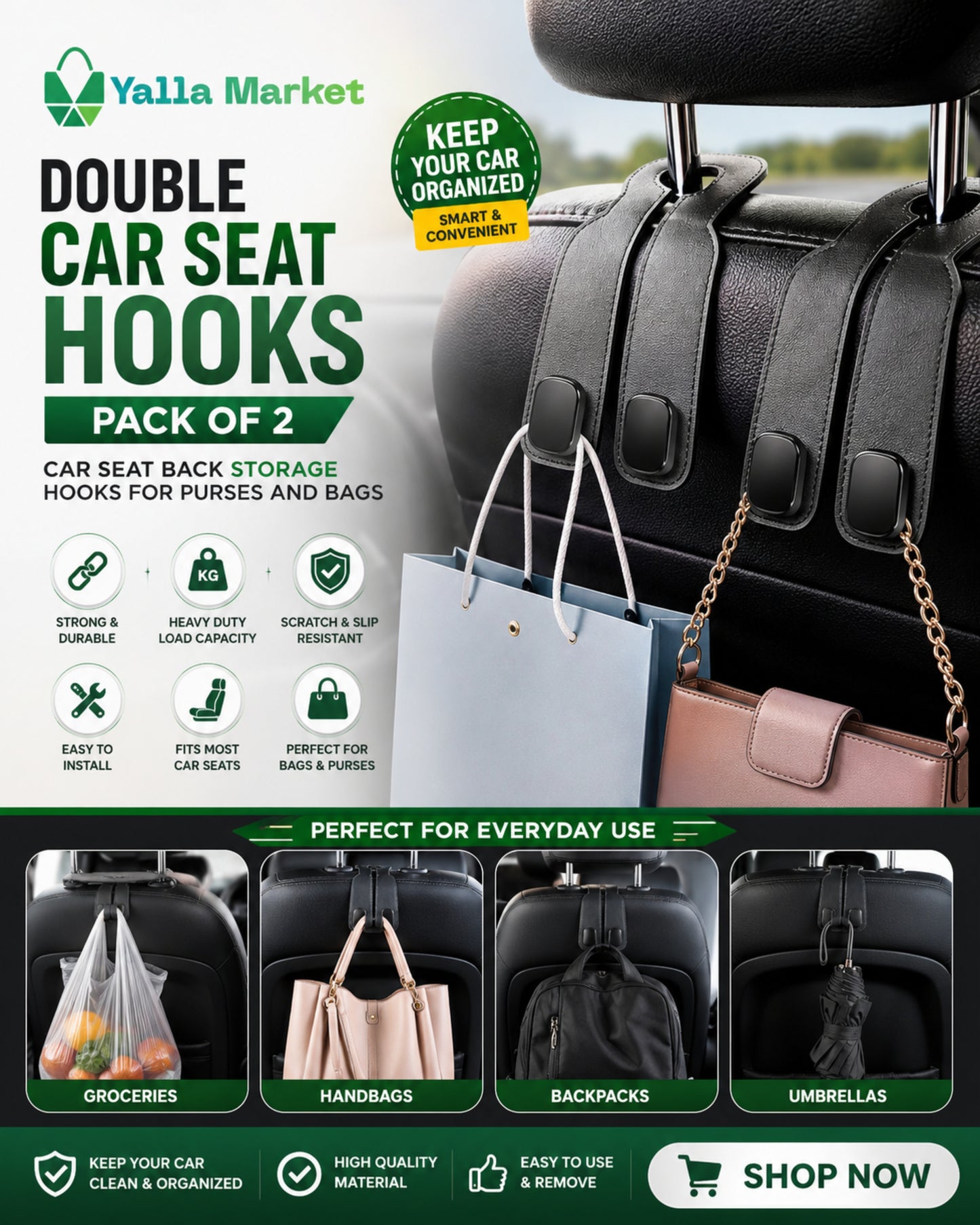 Double Car Seat Hooks (Pack of 2) | Car Seat Back Storage | Hooks for Purses and Bags