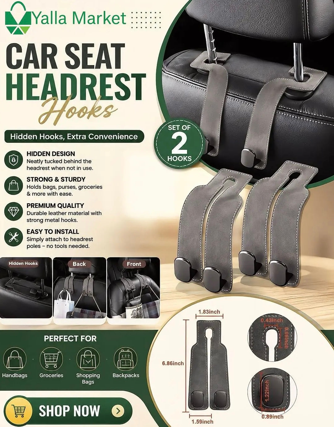Double Car Seat Hooks (Pack of 2) | Car Seat Back Storage | Hooks for Purses and Bags