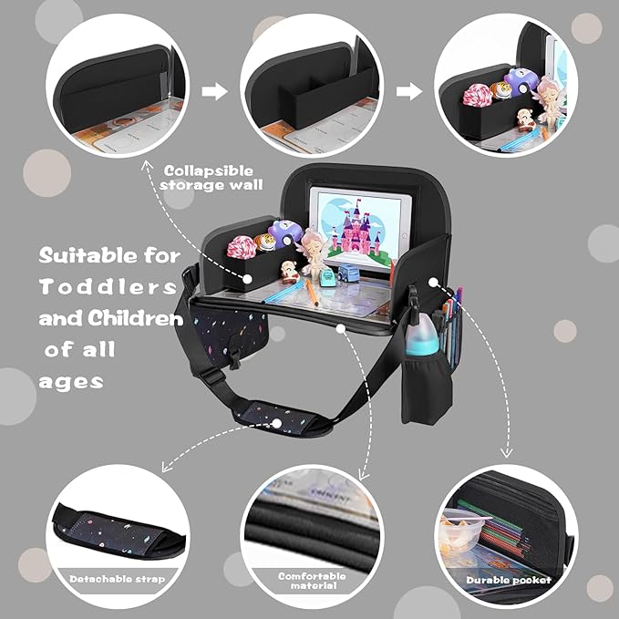 Kids Car Travel Tray Table with Drawing Board, Tablet & Cup Holder