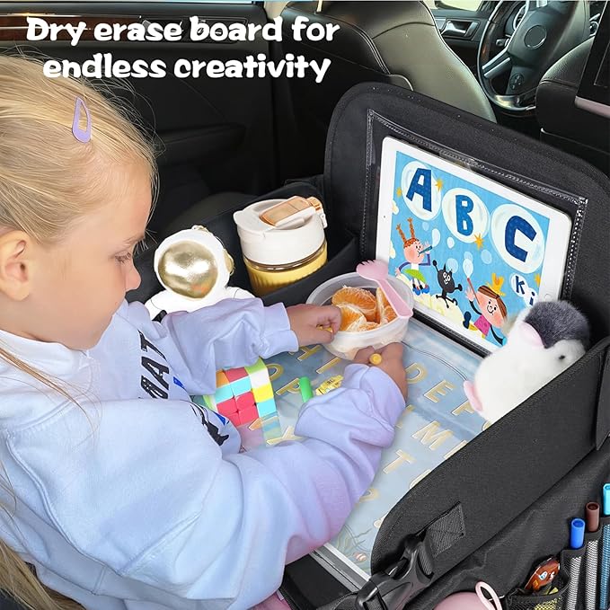 Kids Car Travel Tray Table with Drawing Board, Tablet & Cup Holder