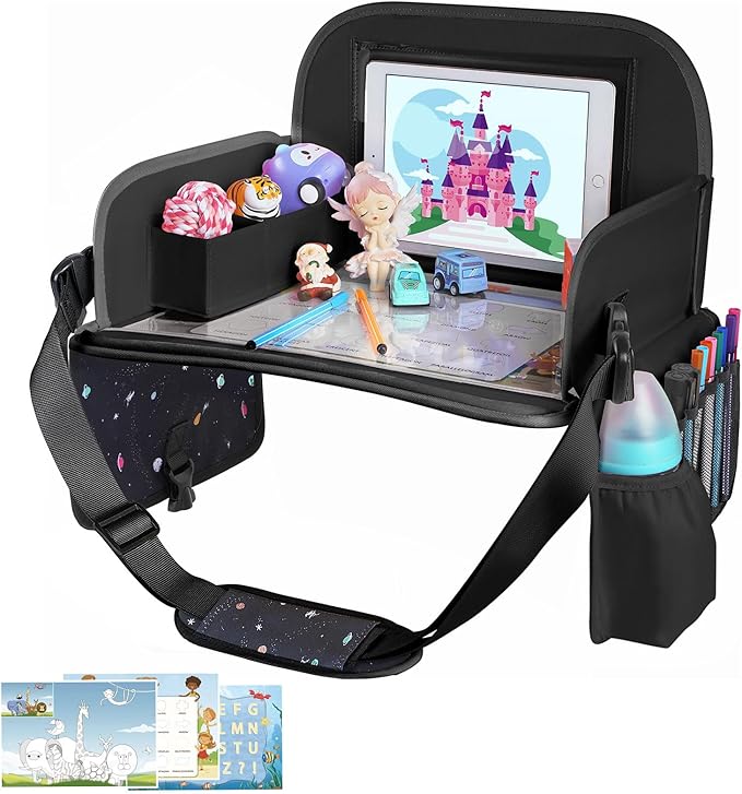 Kids Car Travel Tray Table with Drawing Board, Tablet & Cup Holder